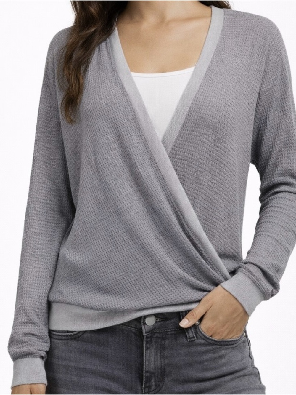 Albe Rita Taupe Criss Cross Wrap Front Surplice Waffle Thermal Top
